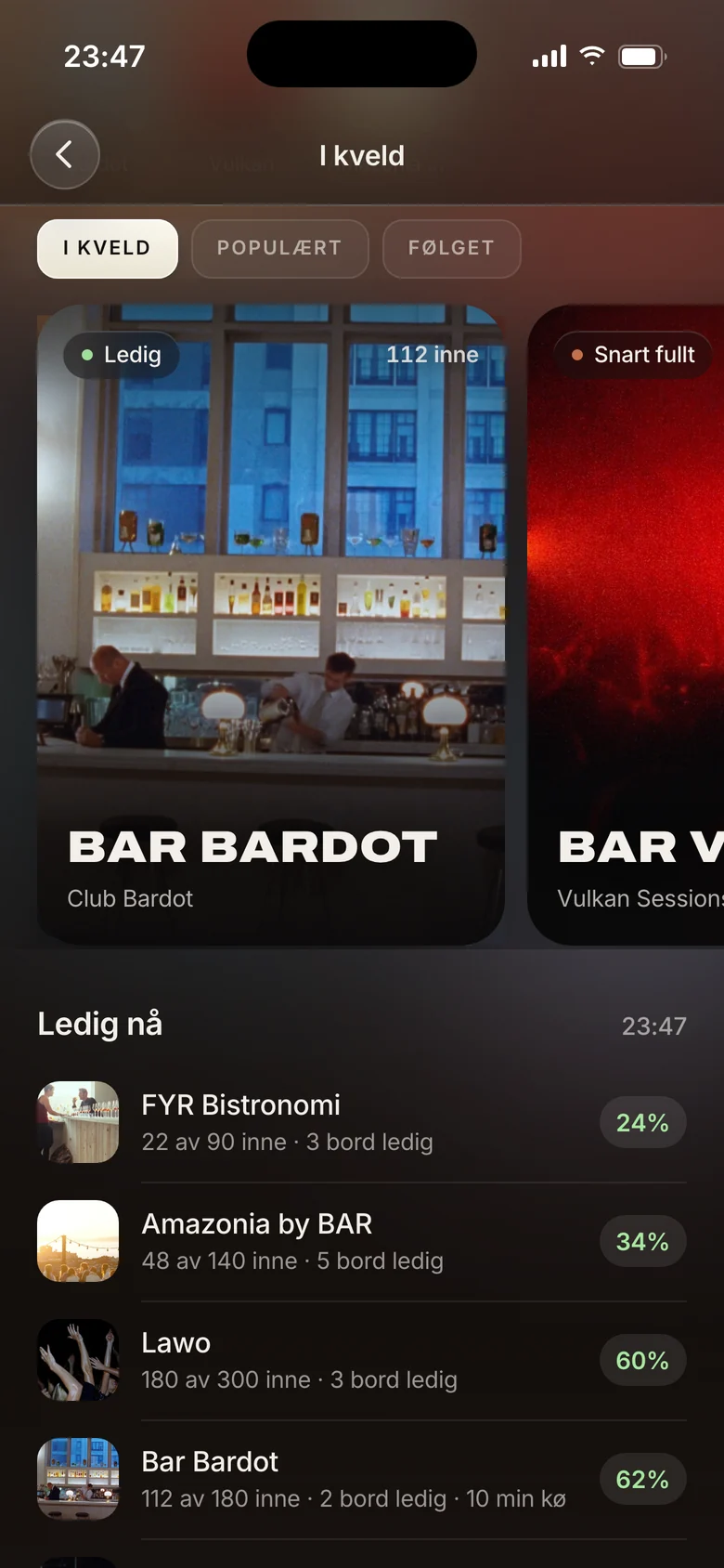 I kveld i ENTR: hvilke steder som har plass, med antall inne og kø