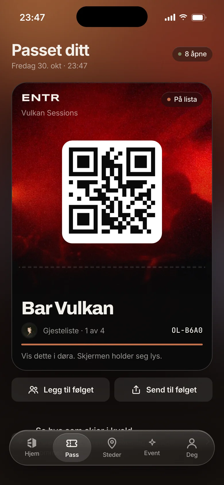 Passet i ENTR med QR-kode, klart til å vises i døra
